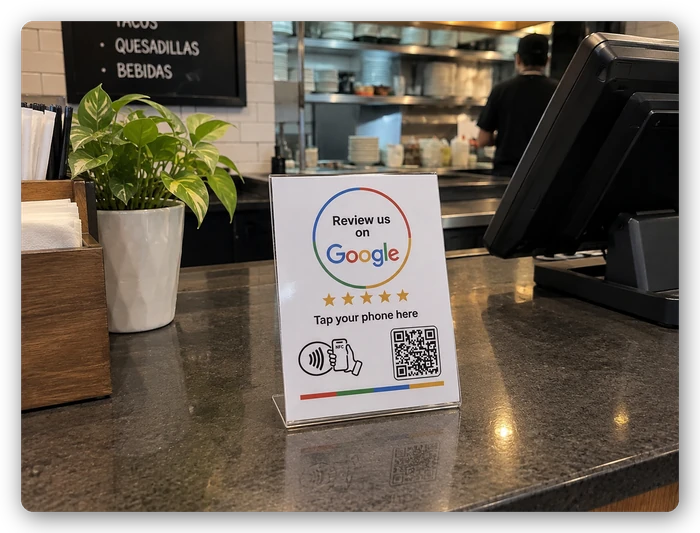 Tarjeta de reseñas de Google en el mostrador de un restaurante